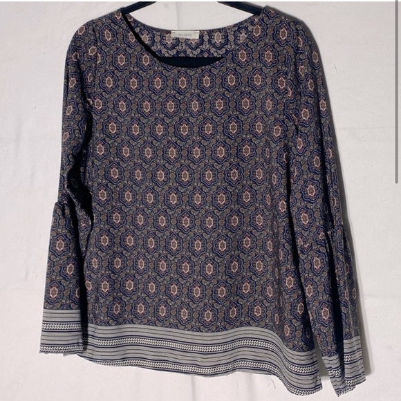 Les amis Tops - Les Amis Navy Blue Brown Cream Print Long Bell Sleeve Boho Blouse S